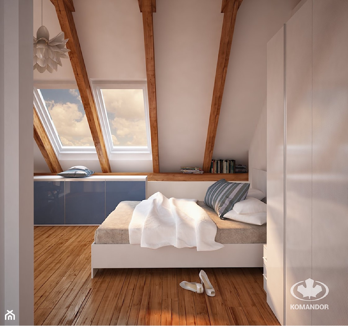 Sypialnia KOMANDOR - Średnia biała sypialnia na poddaszu, styl skandynawski - zdjęcie od Komandor - Wnętrza z Charakterem - Homebook