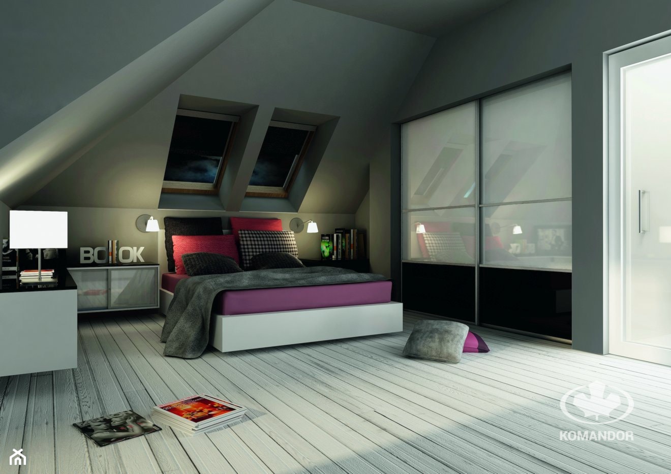 Sypialnia KOMANDOR - Średnia szara sypialnia na poddaszu, styl nowoczesny - zdjęcie od Komandor - Wnętrza z Charakterem - Homebook