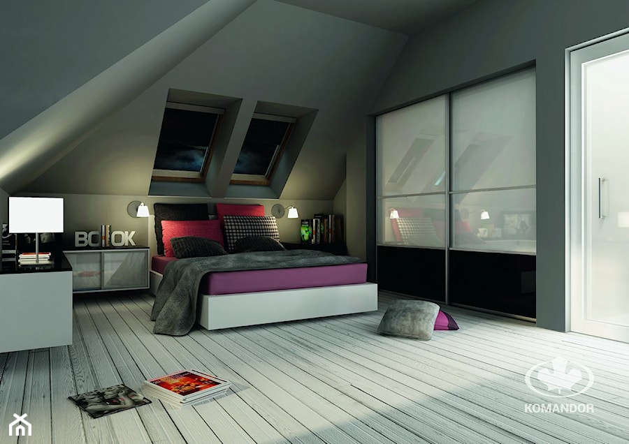 Sypialnia KOMANDOR - Średnia szara sypialnia na poddaszu, styl nowoczesny - zdjęcie od Komandor - Wnętrza z Charakterem