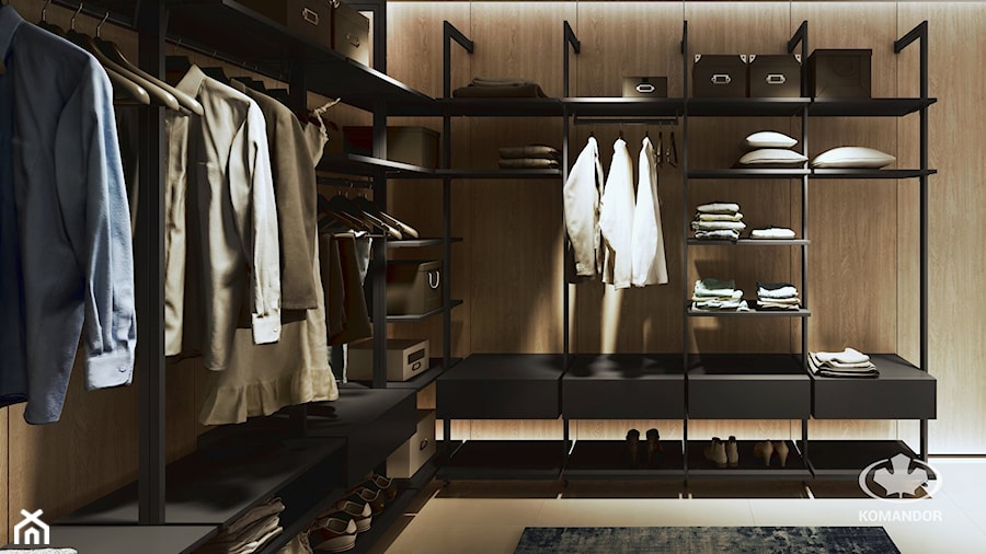 Garderoba KOMANDOR - Duża otwarta garderoba oddzielne pomieszczenie, styl industrialny - zdjęcie od Komandor - Wnętrza z Charakterem
