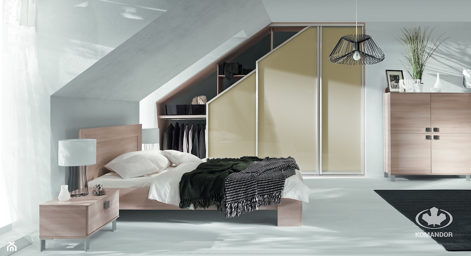 Sypialnia KOMANDOR - Duża biała szara sypialnia na poddaszu, styl nowoczesny - zdjęcie od Komandor - Wnętrza z Charakterem - Homebook
