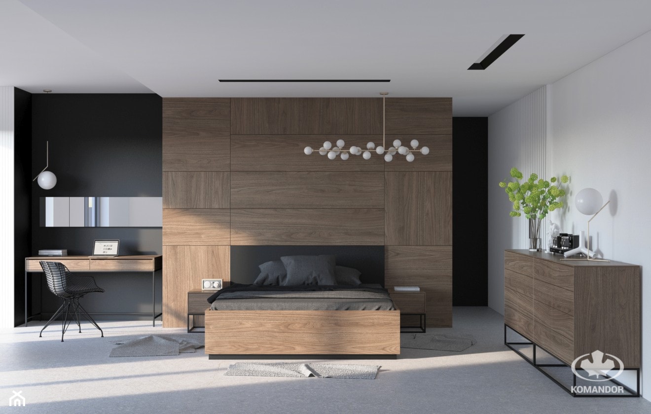 Sypialnia KOMANDOR - Średnia biała czarna z biurkiem sypialnia, styl industrialny - zdjęcie od Komandor - Wnętrza z Charakterem - Homebook