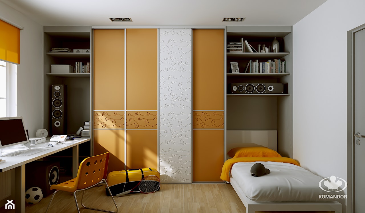 pokój dziecka w stylu nowoczesnym, szafa przesuwna z wzorem, pomarańczowe dodatki w pokoju dziecka