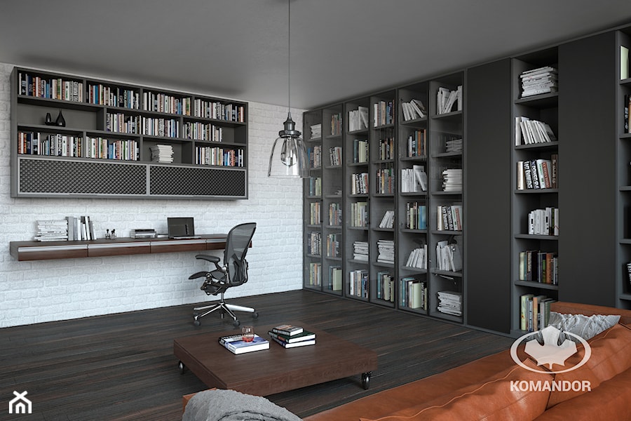 Biuro - Duże w osobnym pomieszczeniu z sofą z zabudowanym biurkiem białe biuro, styl nowoczesny - zdjęcie od Komandor - Wnętrza z Charakterem