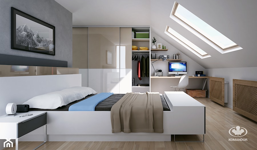 Komandor – Sypialnia na poddaszu z łóżkiem, biurkiem, maskownicami grzejnikowymi oraz szafą - zdjęcie od Komandor - Wnętrza z Charakterem