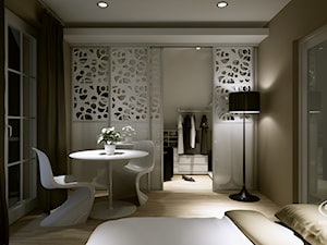 Garderoba KOMANDOR - Średnia beżowa sypialnia z garderobą z balkonem / tarasem, styl nowoczesny - zdjęcie od Komandor - Wnętrza z Charakterem
