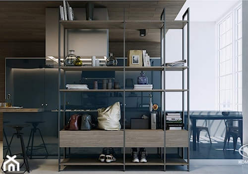 Salon KOMANDOR - Średni niebieski szary salon z kuchnią z jadalnią, styl industrialny - zdjęcie od Komandor - Wnętrza z Charakterem