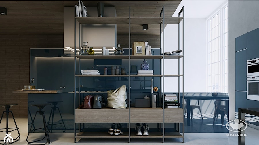 Salon KOMANDOR - Średni niebieski szary salon z kuchnią z jadalnią, styl industrialny - zdjęcie od Komandor - Wnętrza z Charakterem