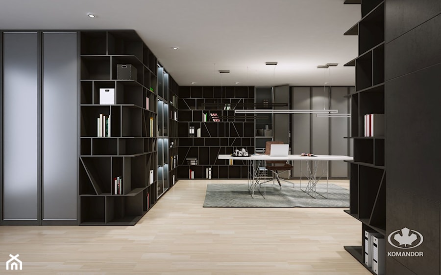 Biuro - Duże czarne biuro, styl nowoczesny - zdjęcie od Komandor - Wnętrza z Charakterem