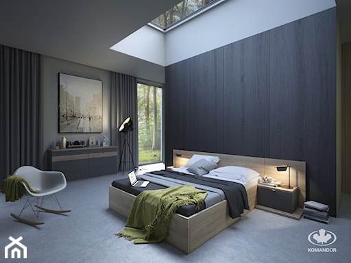 nowoczesna sypialnia w odcieniach szarości, szare zasłony, drewniana rama łóżka