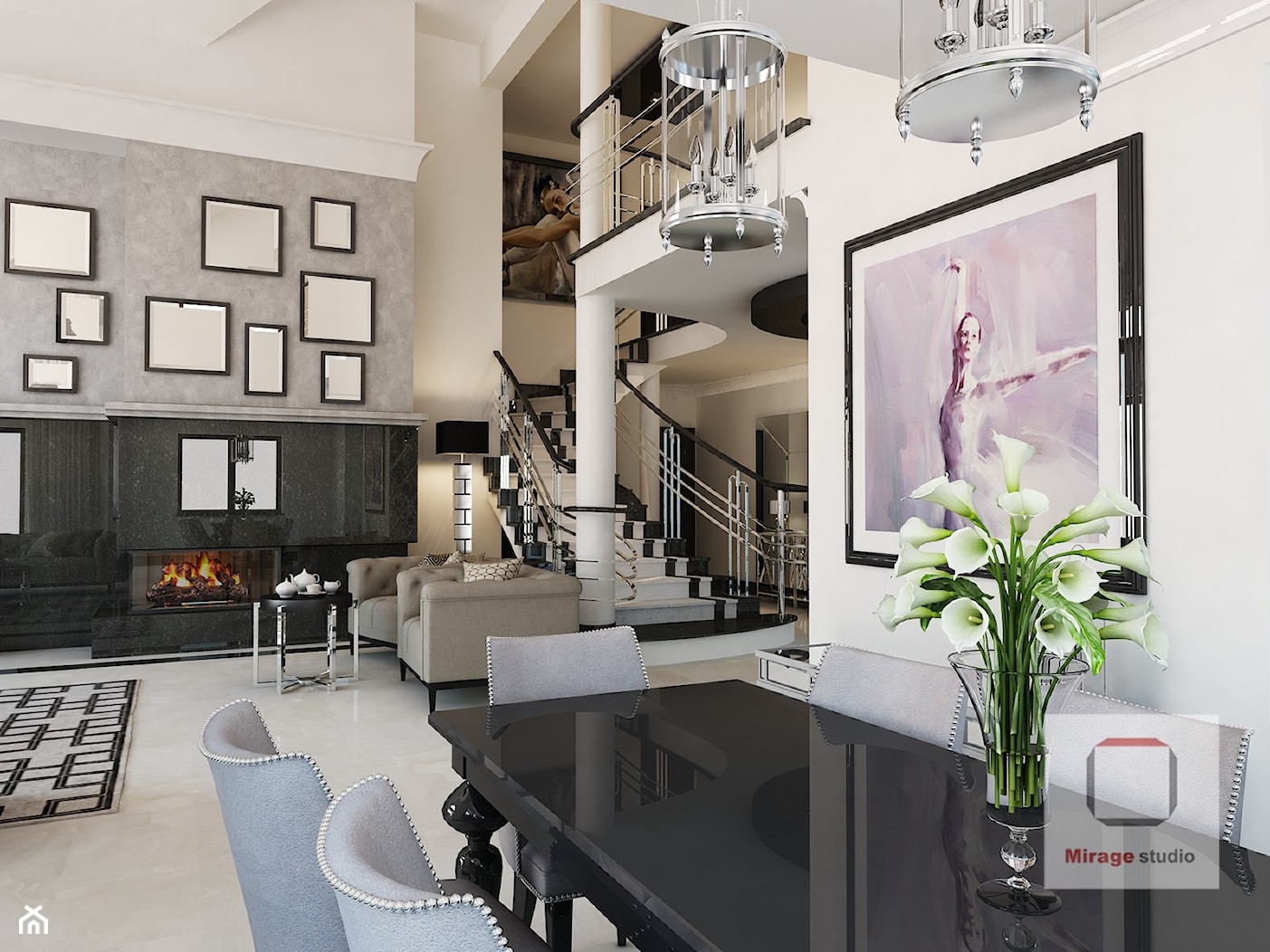 Gęsta przestrzeń luksusu - Duża biała jadalnia w salonie, styl glamour - zdjęcie od Mirage Studio - Homebook