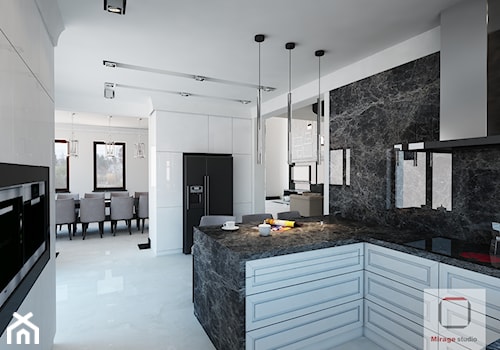 Gęsta przestrzeń luksusu - Średnia otwarta z salonem z kamiennym blatem biała z zabudowaną lodówką kuchnia w kształcie litery g z marmurem nad blatem kuchennym, styl nowoczesny - zdjęcie od Mirage Studio