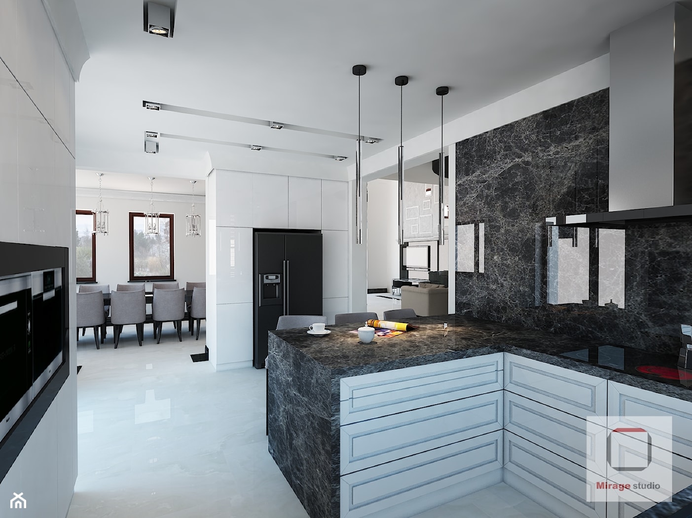 Gęsta przestrzeń luksusu - Średnia otwarta z salonem z kamiennym blatem biała z zabudowaną lodówką kuchnia w kształcie litery g z marmurem nad blatem kuchennym, styl nowoczesny - zdjęcie od Mirage Studio - Homebook