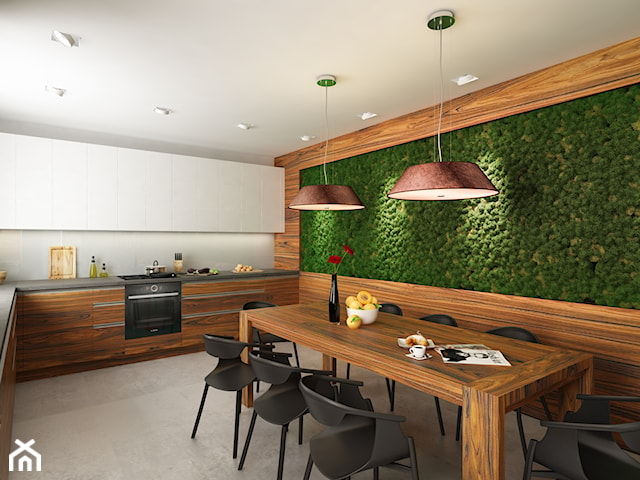 Kuchnia z zieloną ścianą z... leśnego mchu