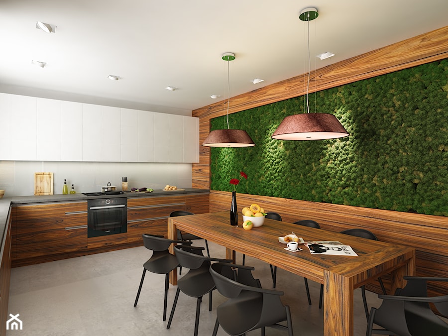 Kuchnia z zieloną ścianą z... leśnego mchu - Kuchnia, styl nowoczesny - zdjęcie od Mirage Studio