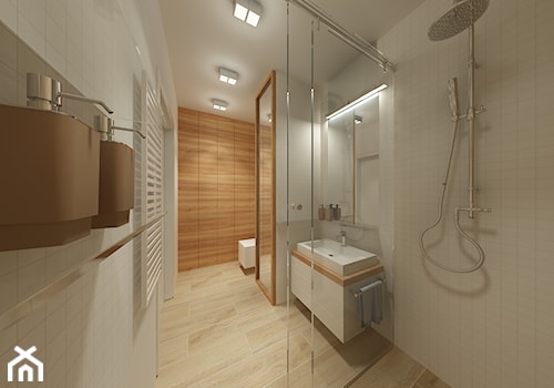 W klimacie białych cegieł - Średnia bez okna z lustrem z punktowym oświetleniem łazienka, styl skandynawski - zdjęcie od Mirage Studio
