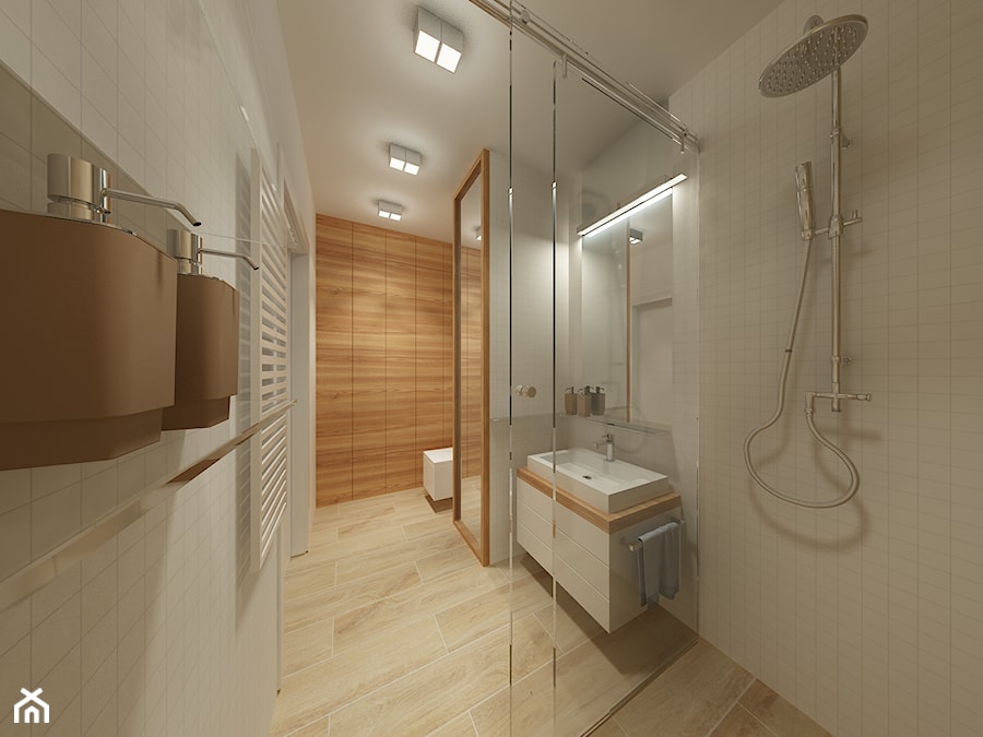 W klimacie białych cegieł - Średnia bez okna z lustrem z punktowym oświetleniem łazienka, styl skandynawski - zdjęcie od Mirage Studio