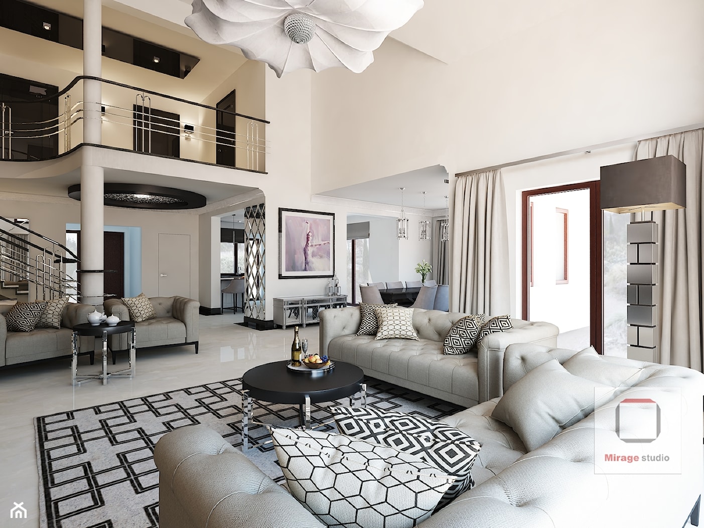 Gęsta przestrzeń luksusu - Duży biały salon z jadalnią z tarasem / balkonem z antresolą, styl glamour - zdjęcie od Mirage Studio - Homebook