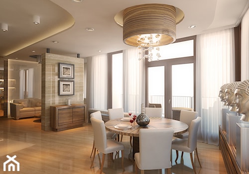 Apartament na Mokotowie - Duża beżowa biała jadalnia jako osobne pomieszczenie, styl glamour - zdjęcie od Mirage Studio