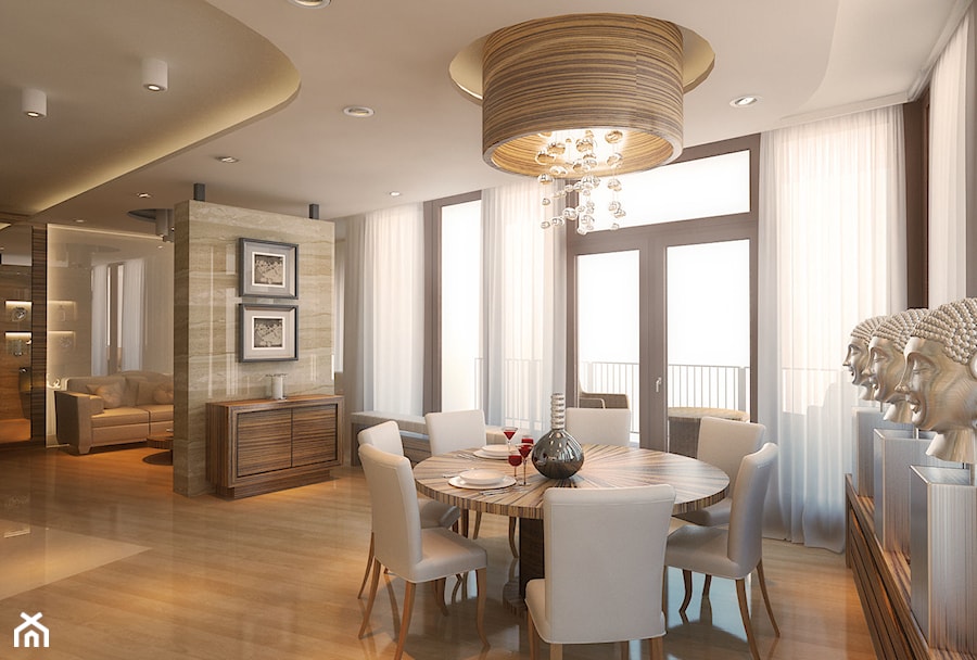 Apartament na Mokotowie - Duża beżowa biała jadalnia jako osobne pomieszczenie, styl glamour - zdjęcie od Mirage Studio