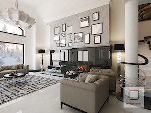 Gęsta przestrzeń luksusu - Duży biały szary salon, styl glamour - zdjęcie od Mirage Studio