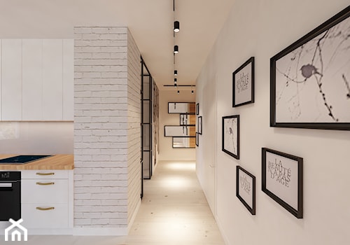 W klimacie białych cegieł - Mały biały salon z kuchnią z jadalnią, styl skandynawski - zdjęcie od Mirage Studio