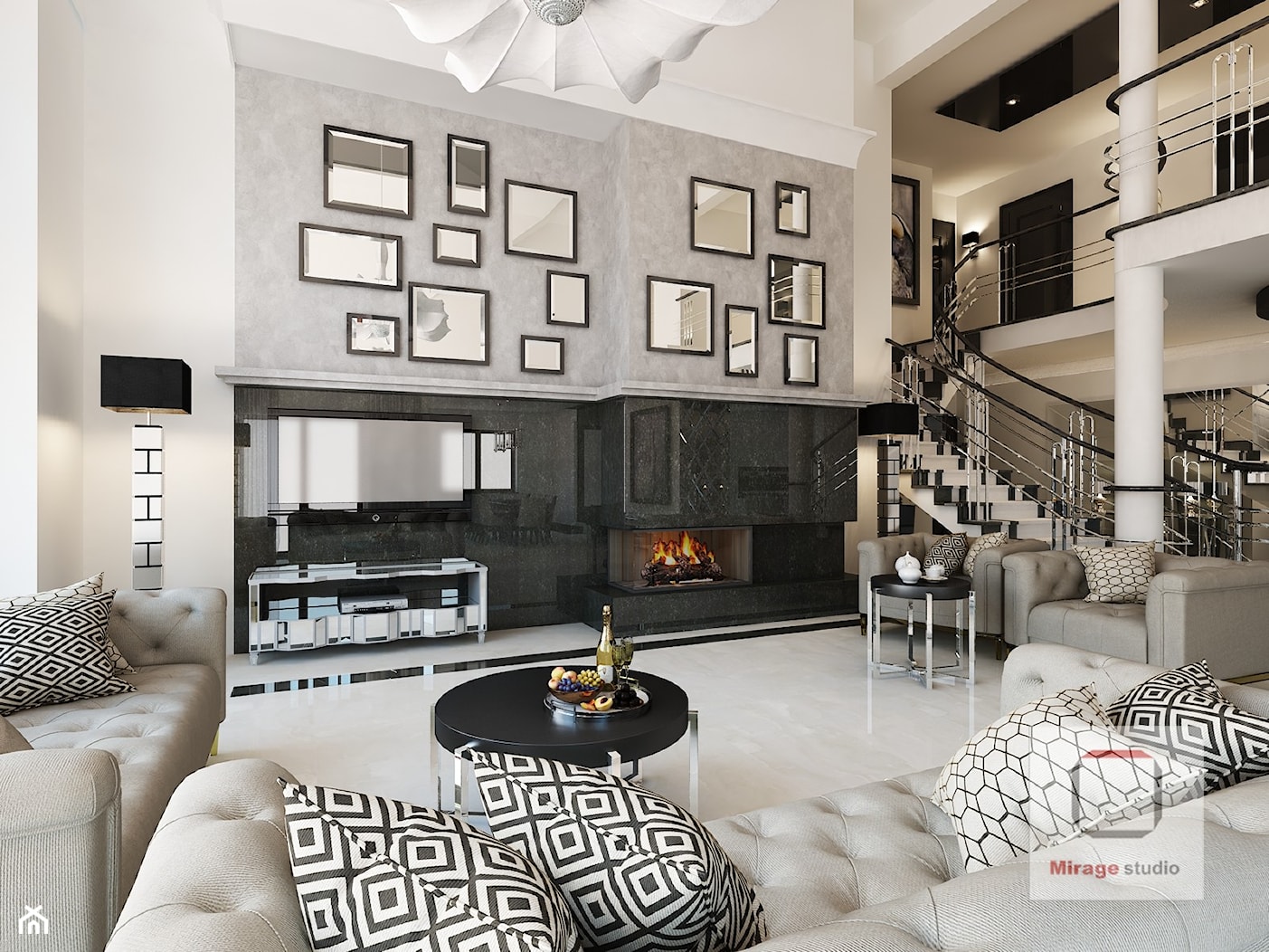 Gęsta przestrzeń luksusu - Duży czarny szary salon z antresolą, styl glamour - zdjęcie od Mirage Studio - Homebook