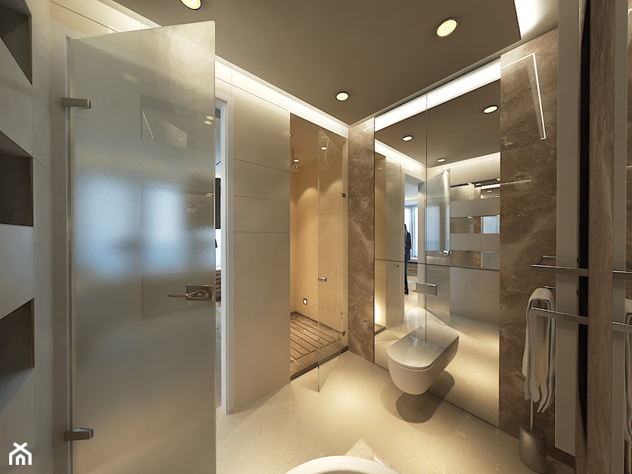 Apartament na Mokotowie - Średnia z lustrem z punktowym oświetleniem łazienka z oknem, styl glamour - zdjęcie od Mirage Studio