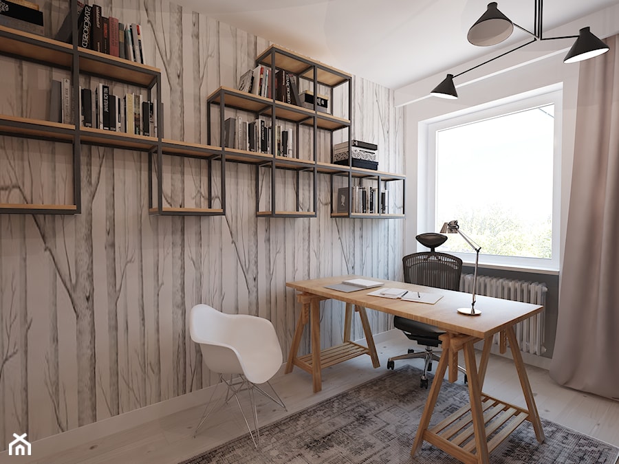 W klimacie białych cegieł - Małe białe biuro, styl skandynawski - zdjęcie od Mirage Studio