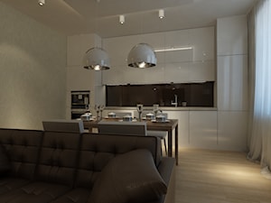 Metamorfoza mieszkania w kamienicy w Warszawie - Średnia beżowa jadalnia w salonie w kuchni, styl nowoczesny - zdjęcie od Mirage Studio