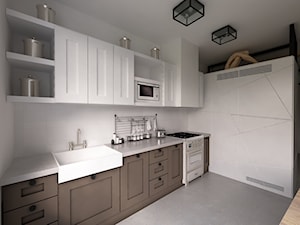 Z loftową nutą - Średnia otwarta z kamiennym blatem biała z zabudowaną lodówką z nablatowym zlewozmywakiem kuchnia w kształcie litery l z oknem, styl industrialny - zdjęcie od Mirage Studio