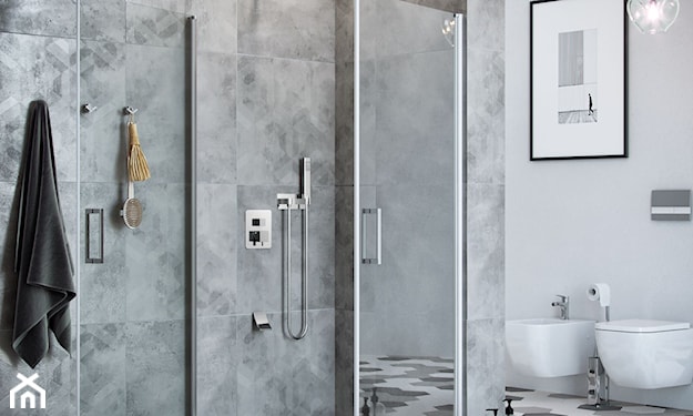 łazienka z prysznicem, beton w łazience, płytki heksagonalne