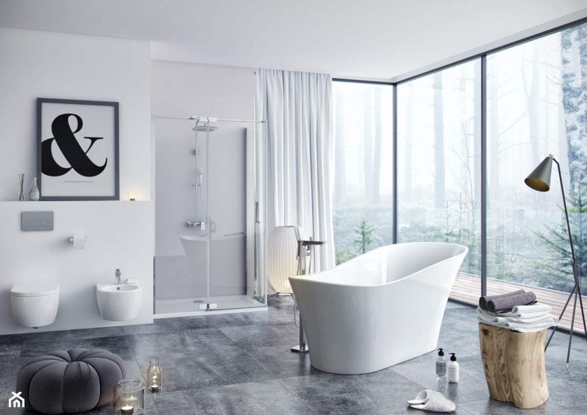 Wanny - Duża jako pokój kąpielowy z marmurową podłogą łazienka z oknem, styl skandynawski - zdjęcie od EXCELLENT - Homebook