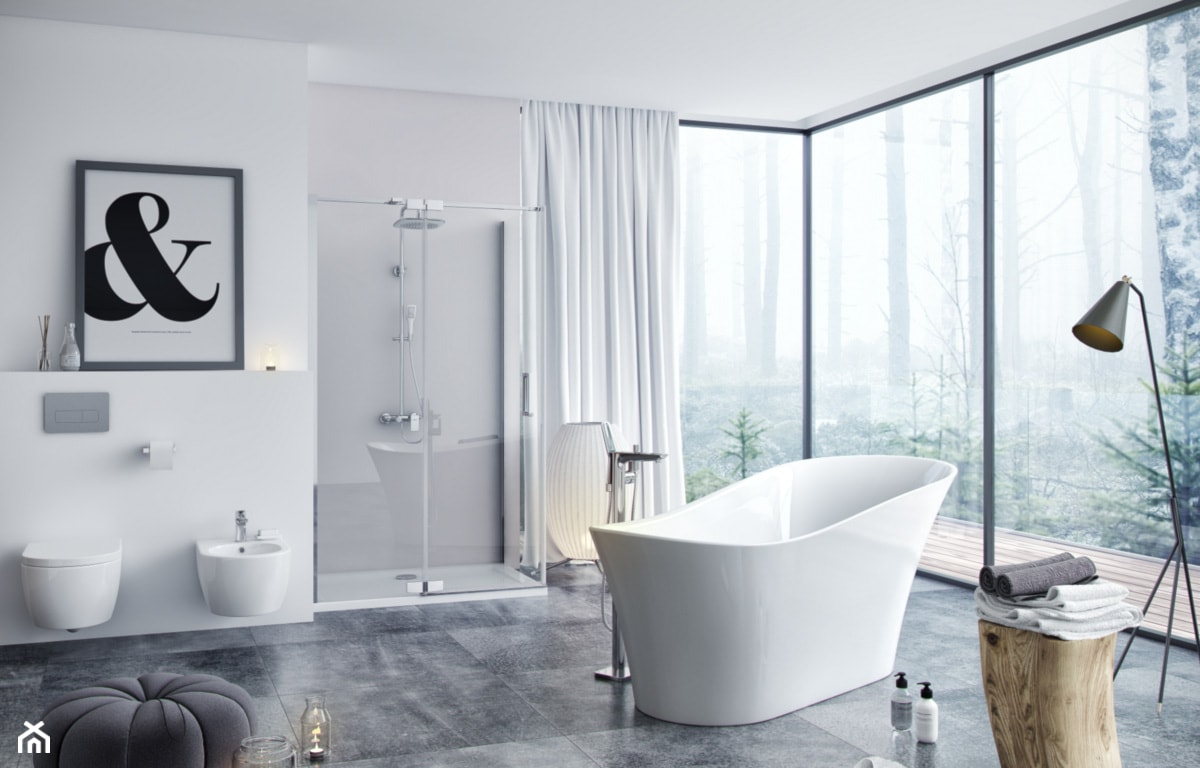 duża nowoczesna łazienka z prysznicem i wanną wolnostojącą z dużymi oknami 