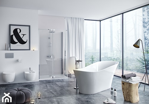 Kabiny i parawany - Duża jako pokój kąpielowy z marmurową podłogą łazienka z oknem, styl nowoczesny - zdjęcie od EXCELLENT