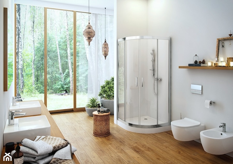 Kabiny i parawany - Duża z dwoma umywalkami łazienka z oknem, styl skandynawski - zdjęcie od EXCELLENT