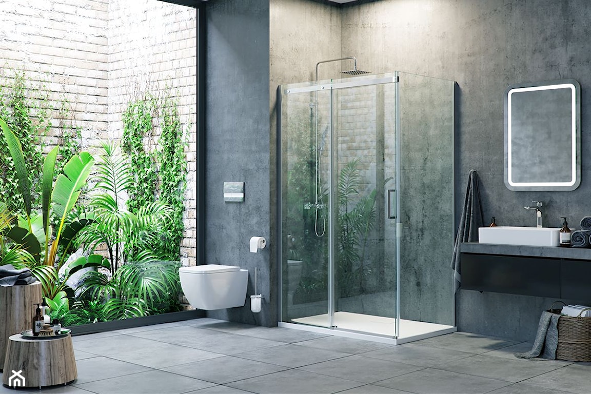 nowoczesna łazienka z płytkami imitującymi beton, kabina walk-in, łazienka z prysznicem walk-in