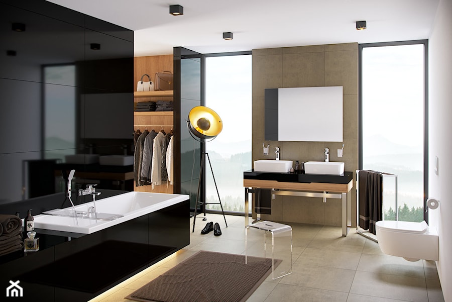 Dodatki i akcesoria łazienkowe - Duża jako pokój kąpielowy z dwoma umywalkami z punktowym oświetleniem łazienka z oknem, styl nowoczesny - zdjęcie od EXCELLENT