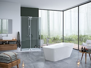Wanny - Duża z lustrem z dwoma umywalkami łazienka z oknem, styl minimalistyczny - zdjęcie od EXCELLENT