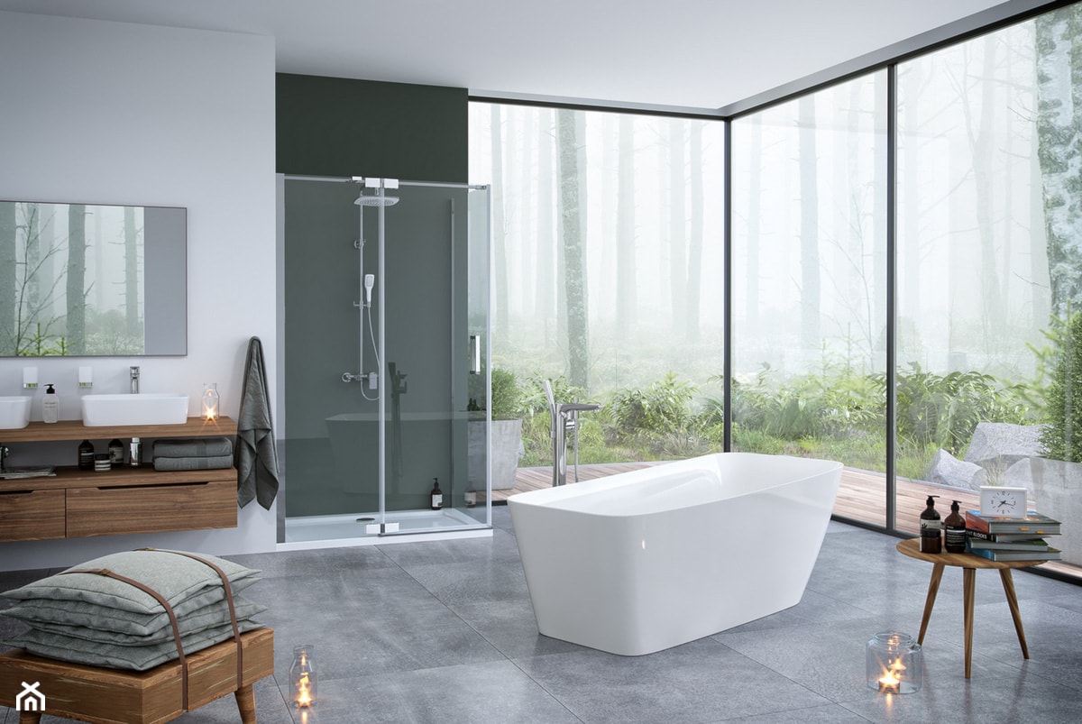 Wanny - Duża z lustrem z dwoma umywalkami łazienka z oknem, styl minimalistyczny - zdjęcie od EXCELLENT - Homebook