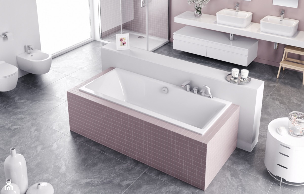 duża łazienka z prysznicem i zabudowaną wanną z różowymi akcentami