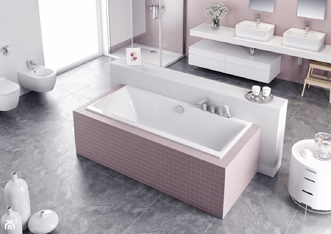 łazienka w stylu nowoczesnym, szare płytki, różowe płytki, umywalka nablatowa
