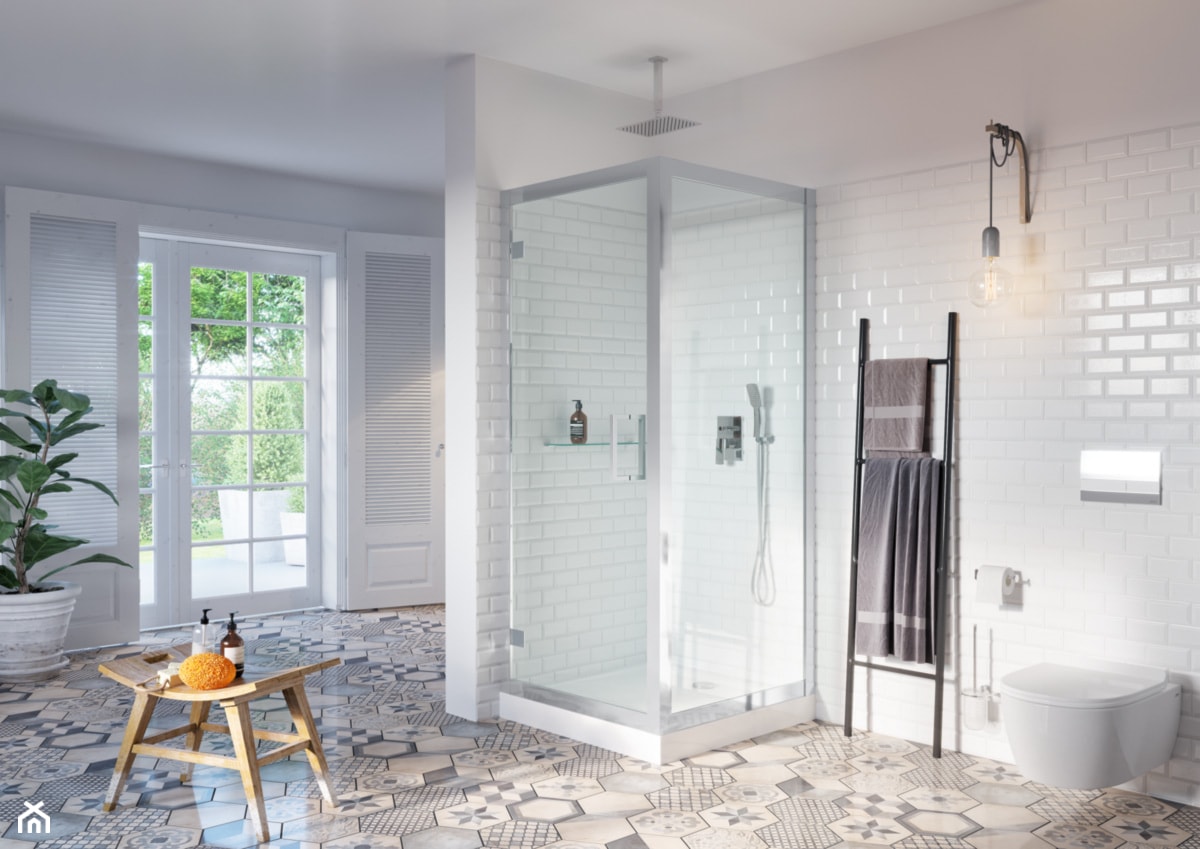 Kabiny i parawany - Średnia na poddaszu łazienka z oknem, styl minimalistyczny - zdjęcie od EXCELLENT - Homebook