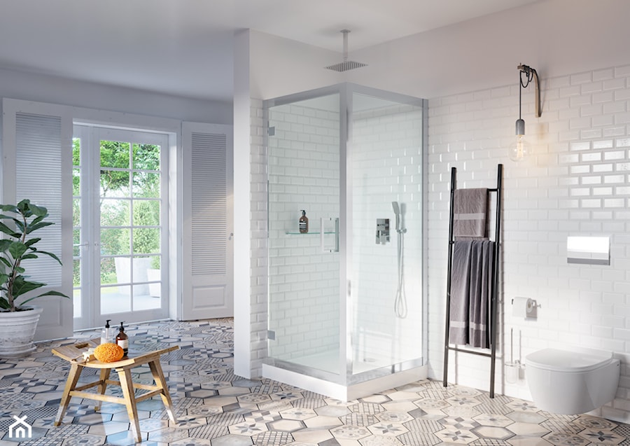 Kabiny i parawany - Średnia na poddaszu łazienka z oknem, styl minimalistyczny - zdjęcie od EXCELLENT
