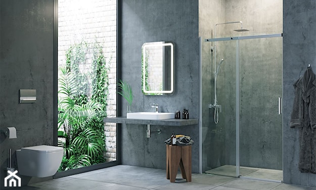 łazienka w stylu naturalnym, płytki imitujące kamień, kabina walk-in
