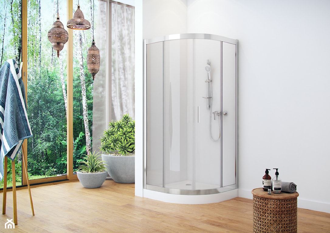 łazienka w stylu eko, biała łazienka z prysznicem, armatura prysznicowa, zestaw armatury prysznicowej