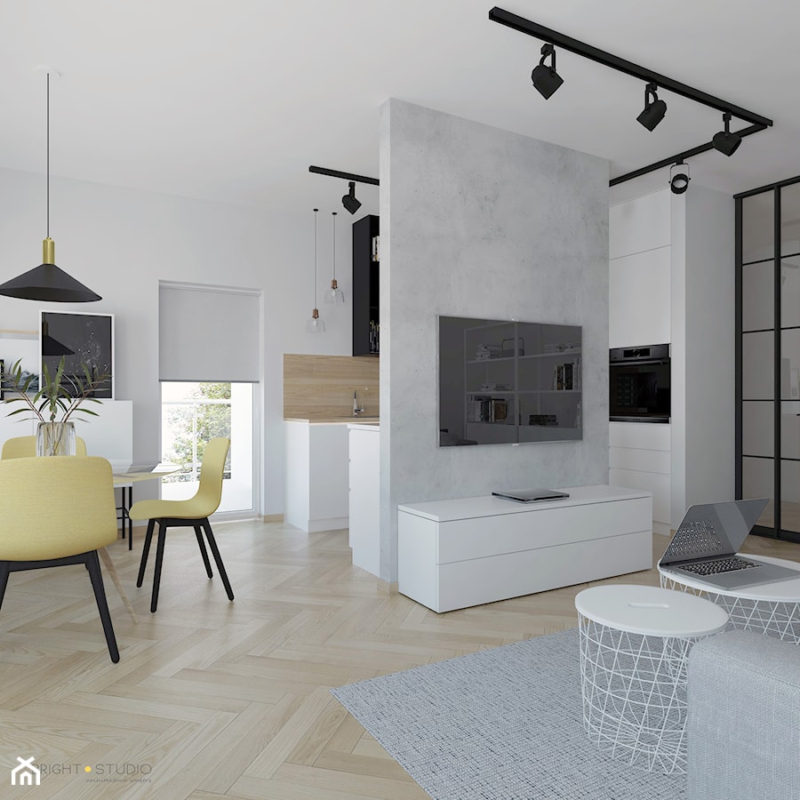Projekt mieszkania - Mały biały salon z kuchnią z jadalnią, styl skandynawski - zdjęcie od BRight Studio