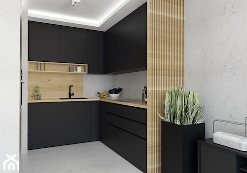 Projekt mieszkania w stylu Loftowym - Średnia otwarta szara z zabudowaną lodówką z nablatowym zlewozmywakiem kuchnia w kształcie litery l, styl industrialny - zdjęcie od BRight Studio