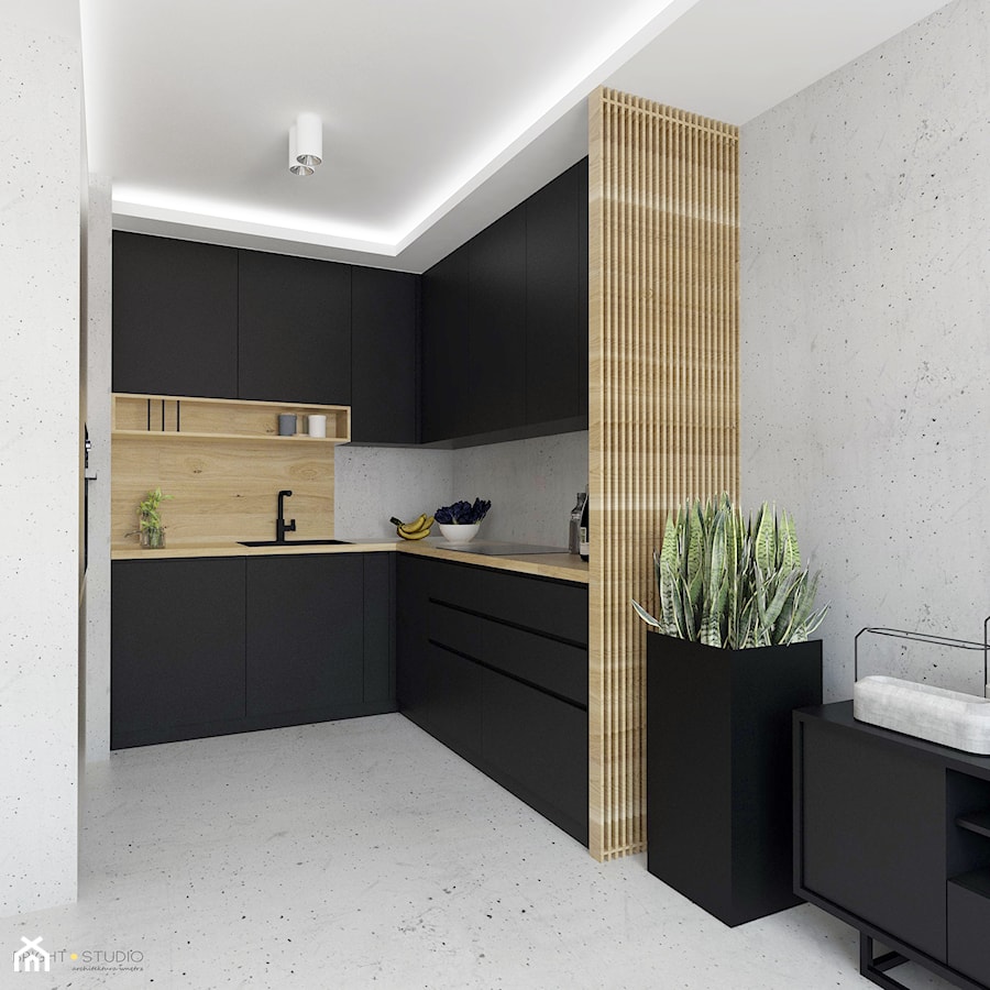 Projekt mieszkania w stylu Loftowym - Średnia otwarta szara z zabudowaną lodówką z nablatowym zlewozmywakiem kuchnia w kształcie litery l, styl industrialny - zdjęcie od BRight Studio