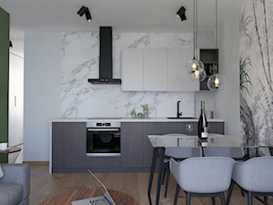 projekt mieszkania - Mała z salonem biała z zabudowaną lodówką z podblatowym zlewozmywakiem kuchnia jednorzędowa, styl nowoczesny - zdjęcie od BRight Studio
